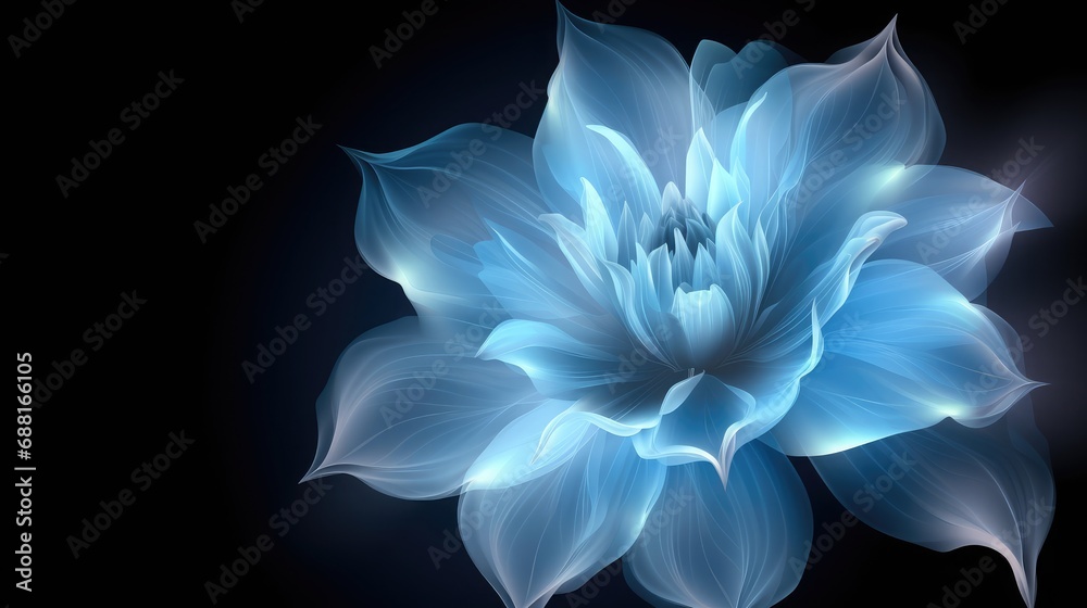 Glowing neon blue flower on dark background. Generative AI