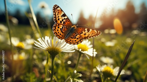 An up-close shot of a tiny butterfly perched on a wild flower.