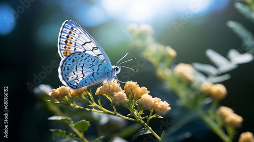 In a garden with a blurry background, a common blue butterfly rests on craspedia while being illuminated by sunlight. photo