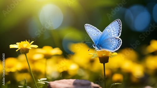 In a garden with a blurry background, a common blue butterfly rests on craspedia while being illuminated by sunlight.