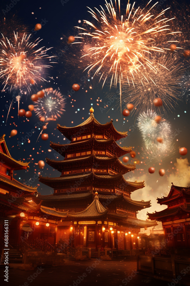 A firework displays and a chinese place of worship, in the style of dark orange and light amber, luminous spheres, bold chromaticity, happenings, chinese new year festivities A firework displays and a chinese place of worship, in the style of dark orange and light amber, luminous spheres, bold chromaticity, happenings, chinese new year festivities