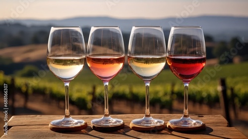 essence of wine culture – an expansive scene with three glasses of white, rose, and red wine elegantly placed on a wooden barrel in a rustic vineyard setting.