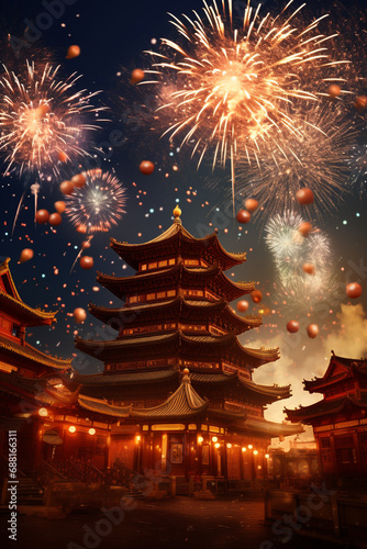 A firework displays and a chinese place of worship, in the style of dark orange and light amber, luminous spheres, bold chromaticity, happenings, chinese new year festivities