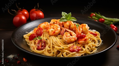 A dish consisting of spaghetti, shrimp, and sauce.