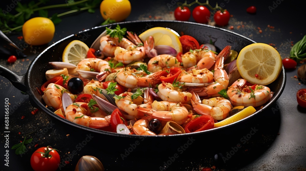 Combine raw seafood in a skillet.