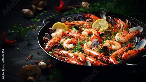 Combine raw seafood in a skillet.