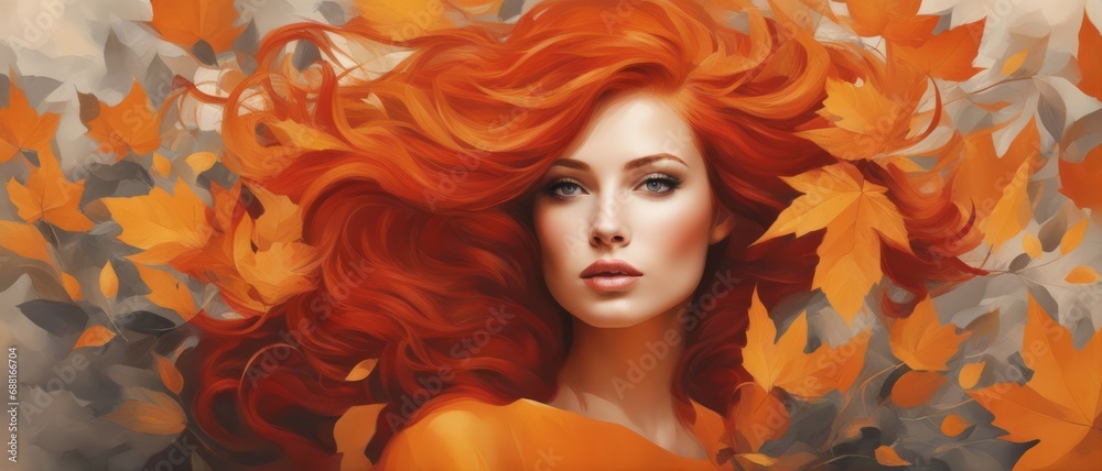 Beautiful redheaded girl with leaves
