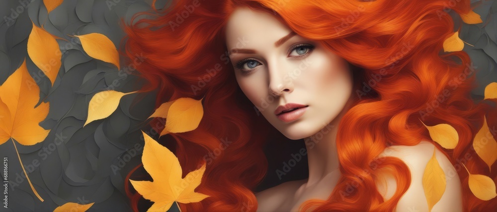Beautiful red-haired girl with leaves, looking at the camera.