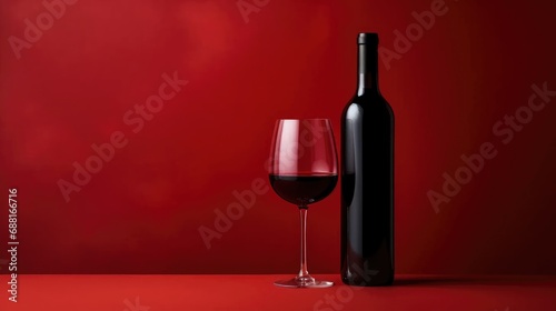 A bottle and glass of rich red wine on a stylish red background, creating a luxurious ambiance. Perfect for conveying the taste of celebration and refinement