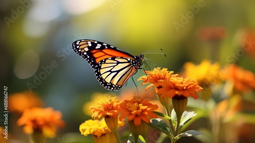 A butterfly known as tiger danaus chrysippus rests on a flower plant with a background that is soft and blurry. © Roma