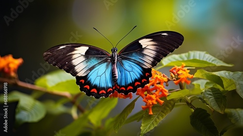 A butterfly that is multicolored and closes up in a vibrant way