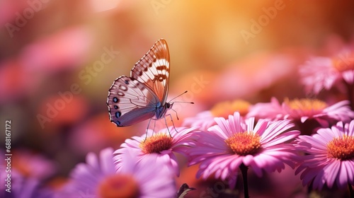 A shot that is selectively focused captures a beautiful butterfly sitting on a branch with small pink flowers