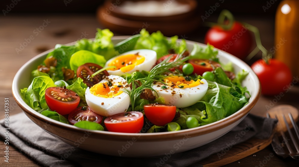 An individual is consuming a nutritious salad that includes fresh vegetables and boiled eggs. An individual is consuming a nutritious salad that includes fresh vegetables and boiled eggs.