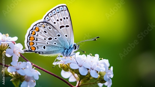A small butterfly known as plebejus argus is found on a flower photo