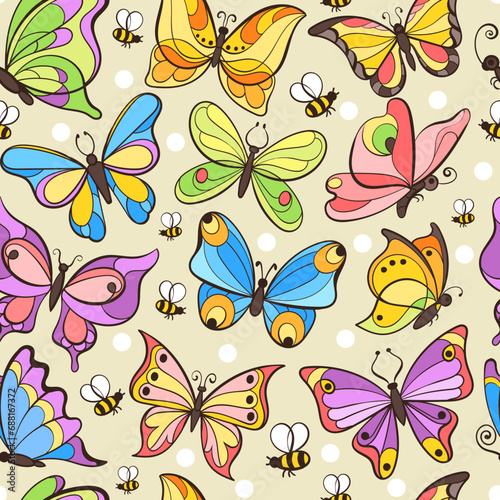 Butterfly seamless pattern. Hand drawn decorative flying insects. Tropic nature creatures. Colorful delicate wings with ornaments. Cute moths and honeybees. Splendid vector background © VectorBum