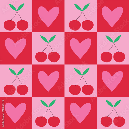 Checkered cherries with pink hearts seamless pattern. For fabric, valentines day print and textile. For fabric, valentines day print and textile. 