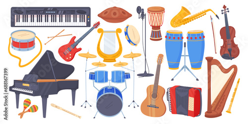 Cartoon musical acoustic instruments. Electric and brass guitars. Jazz saxophone. Strings and percussion. Grand piano and maracas. Orchestra concert. Classical music. Recent vector set