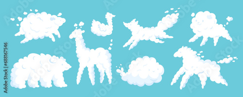 Cute animal shaped clouds. Zoomorphic cumulus in blue sky. Atmospheric fluffy forms. Kids dreams and imagination. Pony and sheep. Cloudy mammals. Garish vector cloudscape elements set photo