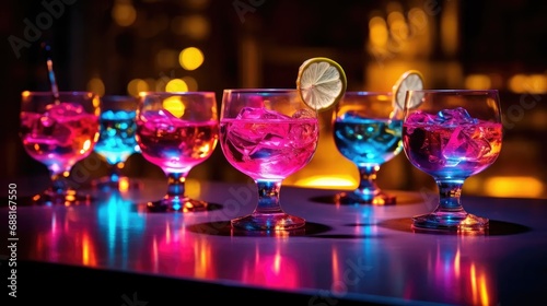 Showcase glasses with an enticing alcoholic drink on a dewy glass table, creating a vibrant atmosphere for the perfect night out.