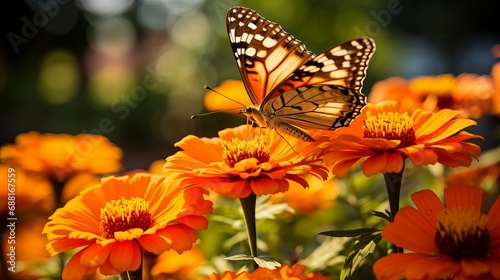 The orange butterfly is seen on the orange cosmos flowers © Roma