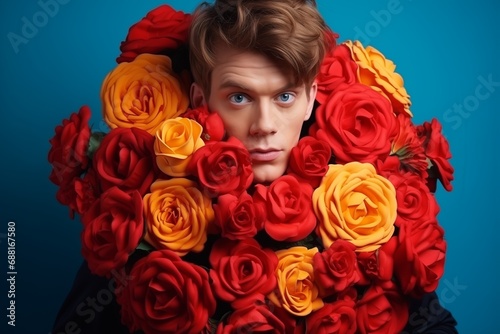 a handsome young man is carrying a huge bunch of red and orange roses around his neck. Birthday or Valentine concept. Generative AI