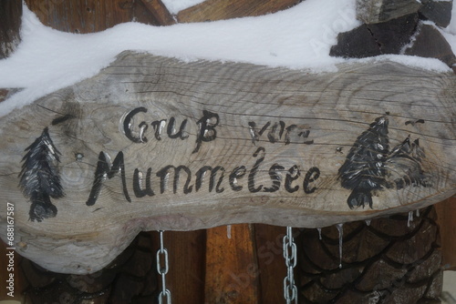 Gruß vom Mummelsee Holzschild mit Schnee photo
