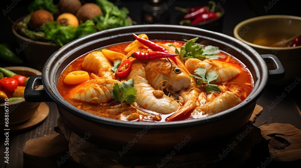 A combination of sour curry and snakehead fish is served with spicy thai food in a garden hot pot. A combination of sour curry and snakehead fish is served with spicy thai food in a garden hot pot.