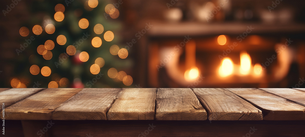 Merry Christmas xmas celebration holiday background banner greeting card - Empty old wooden table with defocused chrsitmas tree and fireplace in the night background