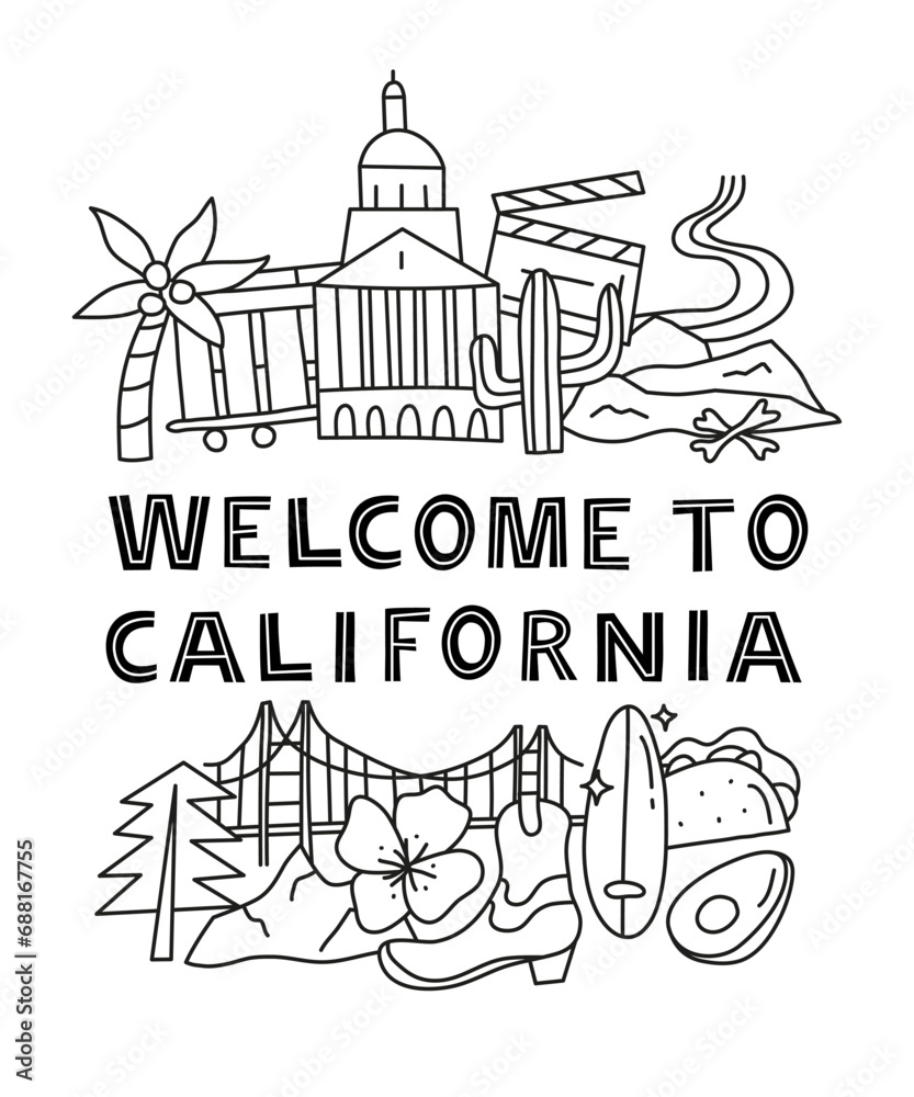 Poster with California national landmarks and attractions.