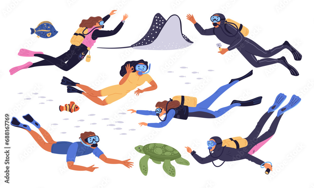Diving people. Scuba divers with gear and balloons. Underwater swimming. Cartoon frogman. Marine animals. Ocean stingray and turtle. Man or woman with snorkeling masks. Garish vector set