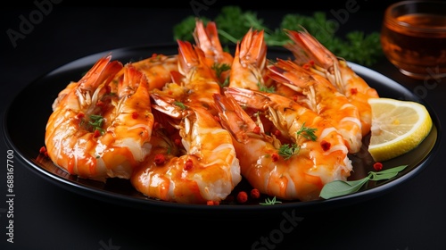 A dark surface is where you can enjoy tasty shrimp with spices and sauce on a plate.