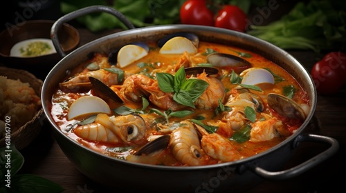 A combination of sour curry and snakehead fish is served with spicy thai food in a garden hot pot.