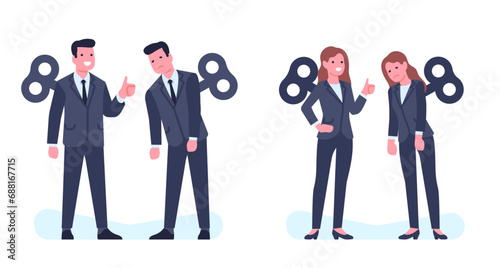 Different employees with winding key in their backs. Overwhelmed and active workers. Recharge clockwork winder. Happy or tired people. Exhausted man. Efficient woman. Vector concept