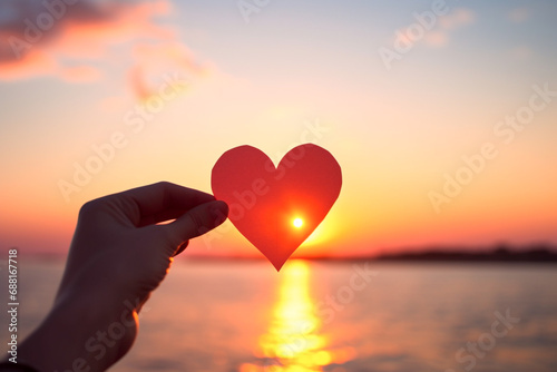 Hands holding a paper-cut heart shape against a sunset background © artsterdam