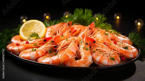 A plate containing shrimp and lemon slices.