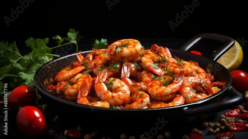 A side view of shrimp that have been fried in sauce with tomatoes and herbs.
