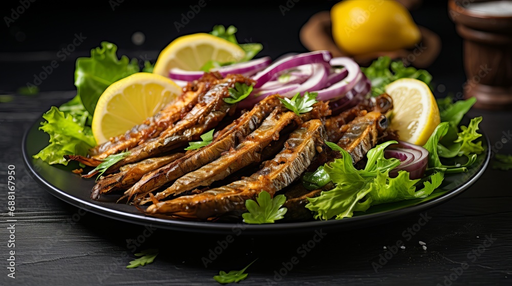 The plate has fried anchovies, red onion, lettuce, and a lemon slice on the side.