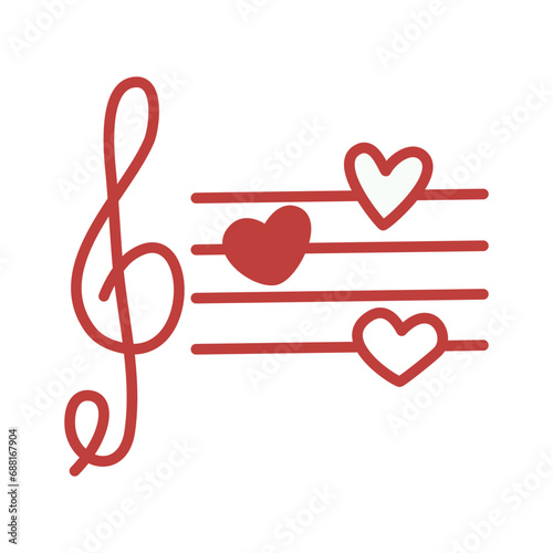 Sheet music with hearts. Treble clef. Simple vector illustration in style doodles. Cute Valentine's Day card, symbols of love. Linear heart icon for banner, postcards, invitations, textiles, packaging