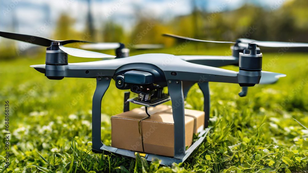 A drone waits in the green field with the package it carries. Close-up view.