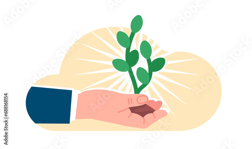 Human hand holds small green sprout. Plant seedling. Planting tree. Business startup development. Money investments growing. Green leaves in soil. Businessman arm palm. Vector concept