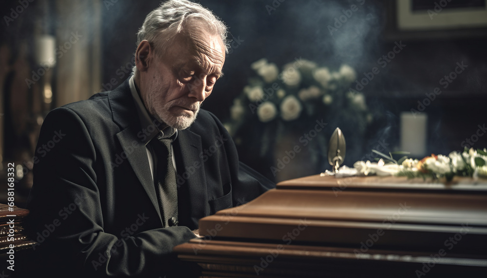 Grandpa mourns beside coffin, tears and sorrow in farewell Grandpa mourns beside coffin, tears and sorrow in farewell
