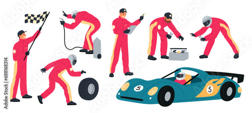 Pit stop members. Racing engineers team in uniform. Repair service workers. Sport car mechanics. Quick wheel change. Auto maintenance. Automobile race competition. Garish vector set