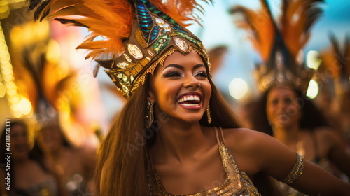 beautiful young Brazilian girl at a carnival in Brazil, fancy dress, outfit, masquerade, feathers, rhinestones, woman, makeup, portrait, smiling face, joy, happiness, dancing, sparkles, sequins