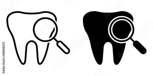 ofvs504 OutlineFilledVectorSign ofvs - tooth magnifying glass vector icon . check teeth sign . isolated transparent . black outline and filled version . AI 10 / EPS 10 / PNG . g11847