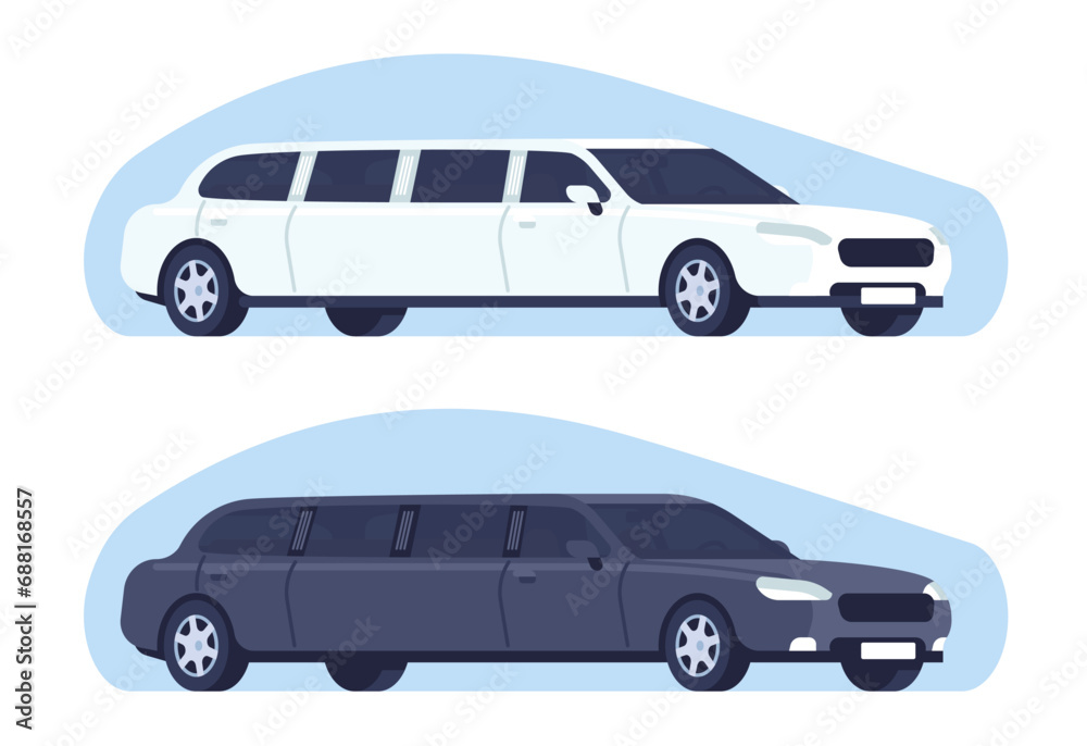 White and black limousines. Luxurious automobiles. Cars driving. Auto transportation. Expensive long vehicles for celebrity. VIP transports. Wedding carsharing dealership. Vector concept