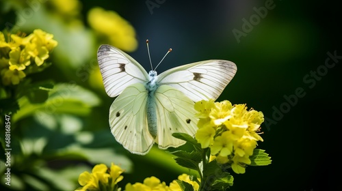 A shot with selective focus of a cabbage white or pieris rapae butterfly hovering over a flower in the outdoors