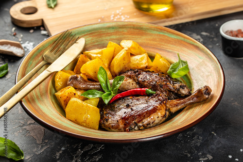 Roasted duck leg with potatoes. Restaurant menu, dieting, cookbook recipe top view photo