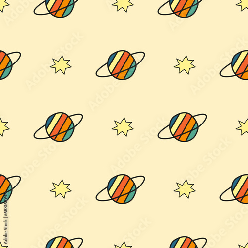 Seamless pattern with doodle planets and stars.