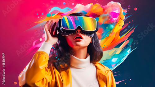 Female gamer woman with virtual reality glasses and futuristic game for VR gaming in cyber world. Digital experience and cyberpunk background. Technology simulation hi-tech virtual headset. A girl