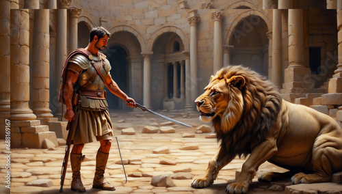 A gladiator threatens a large lion with his sword. photo